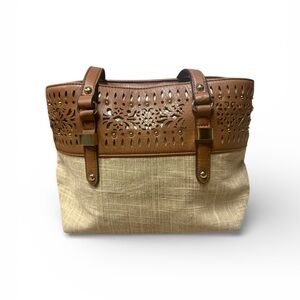 Nicole Miller Tan Sparkly Linen & Faux Leather Laser-Cut Tote Handbag